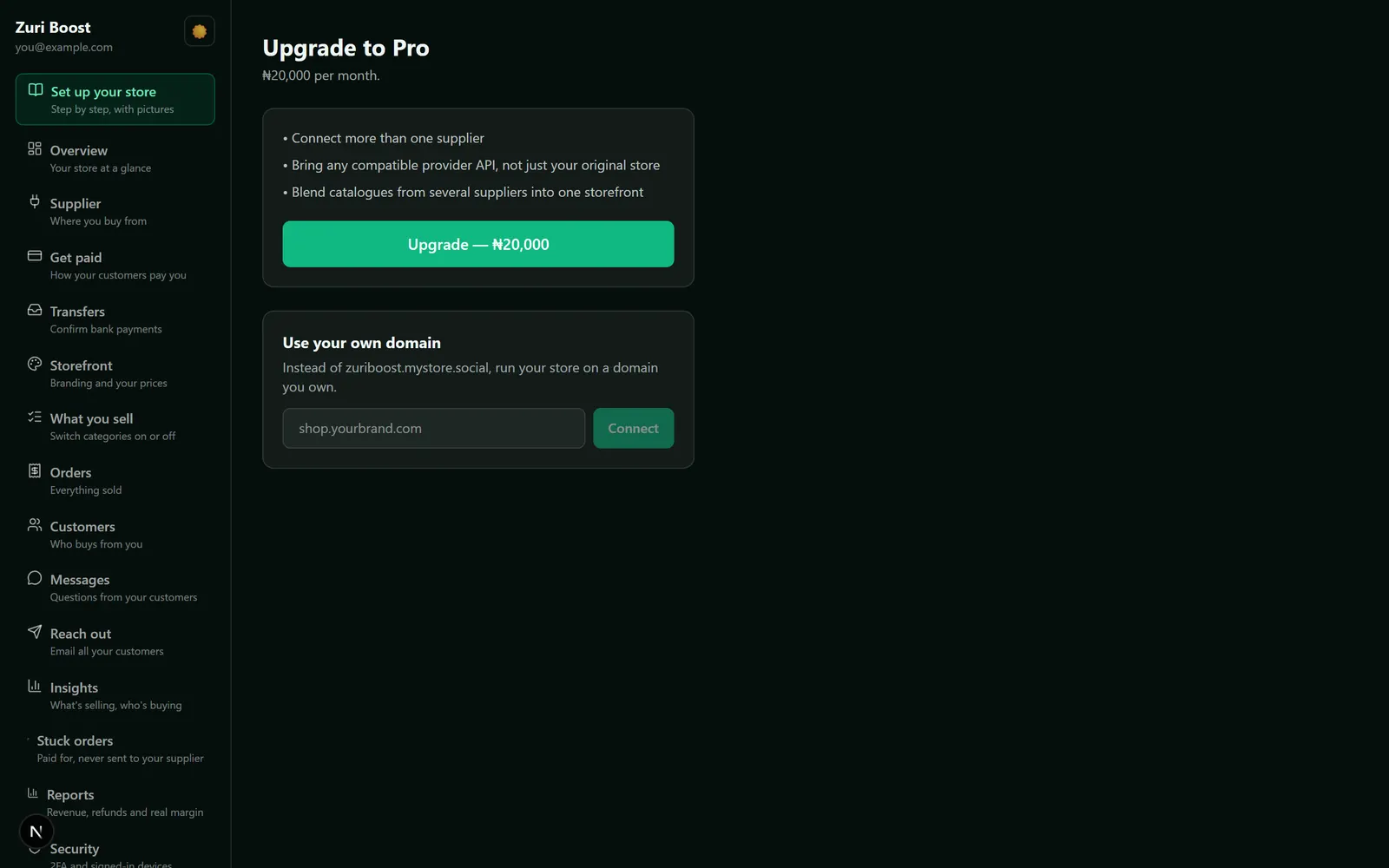 Upgrade to Pro: more suppliers and your own domain