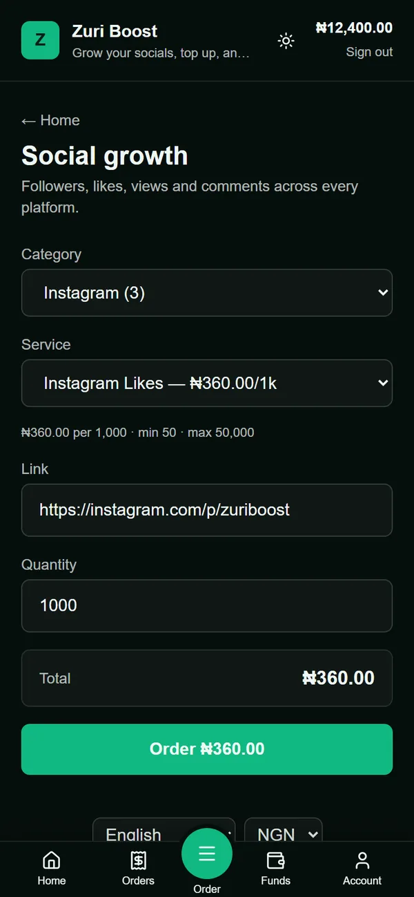 Ordering: pick a service, paste a link, see the total